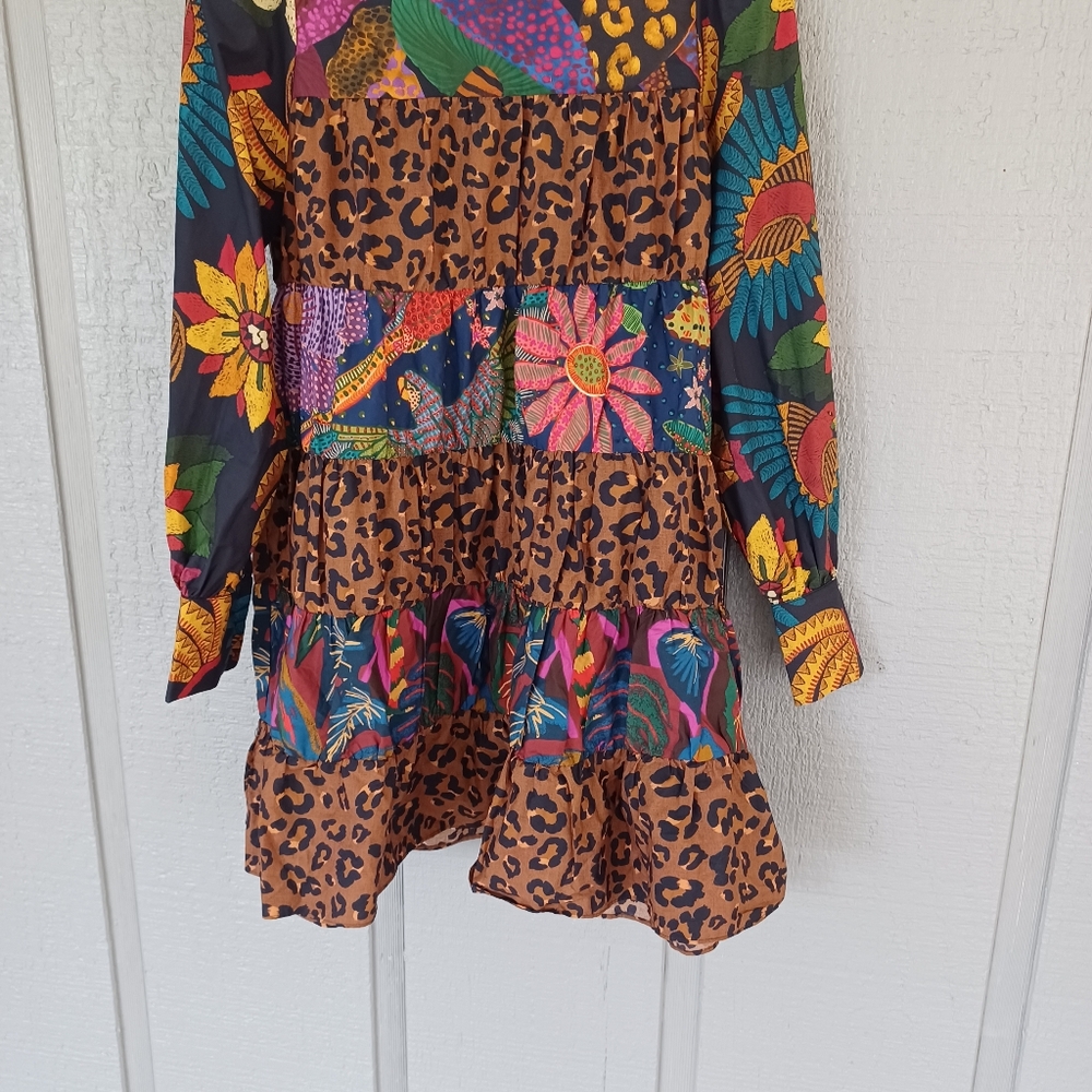 Farm Rio Mixed Black Print Mini Dress Size S Women Cotton Floral Leopard Tiered - Picture 3 of 14